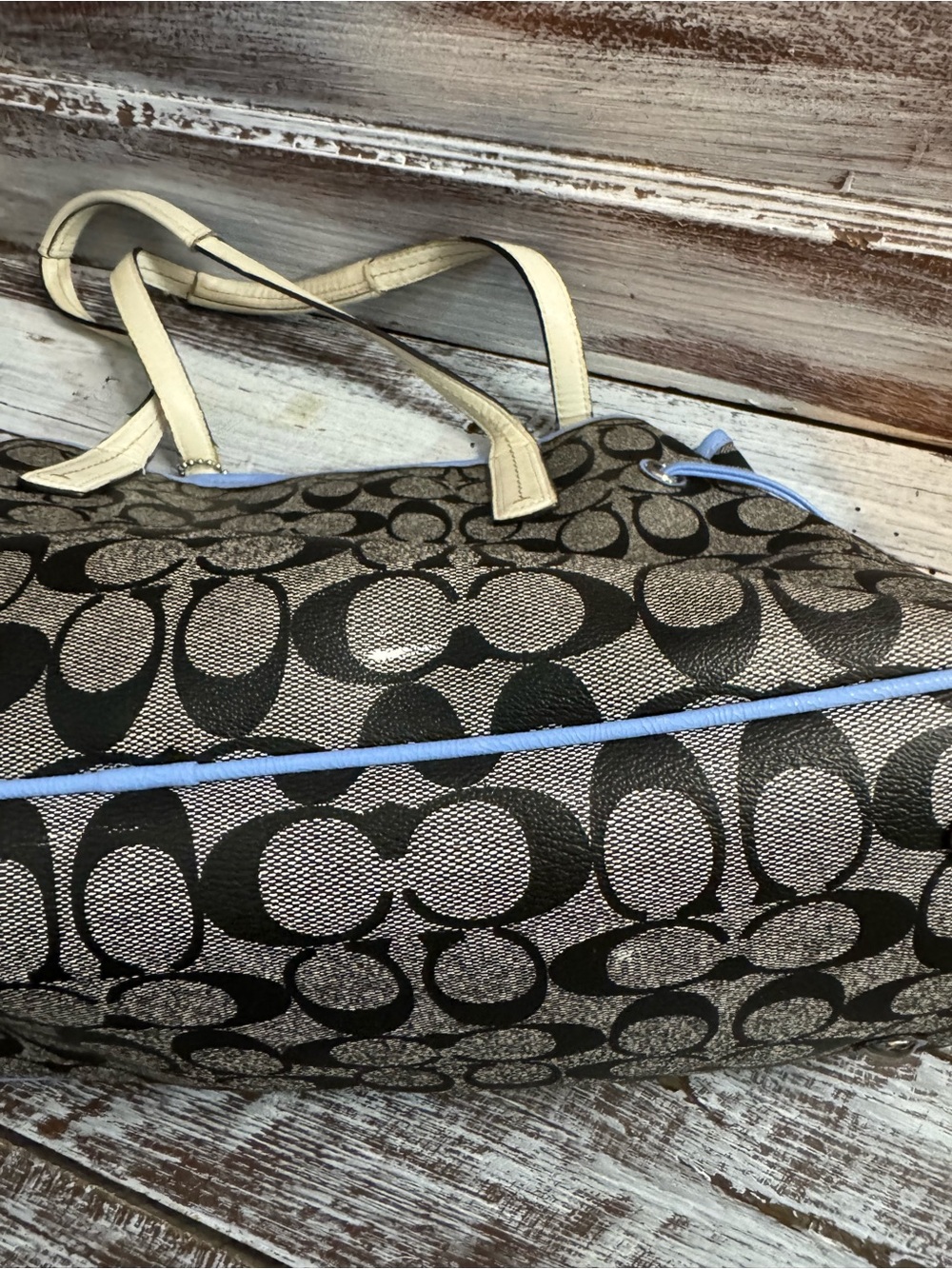 Coach Signature Tote with Blue and Cream Stripe with Wallet & Change Pouch - Picture 14 of 16